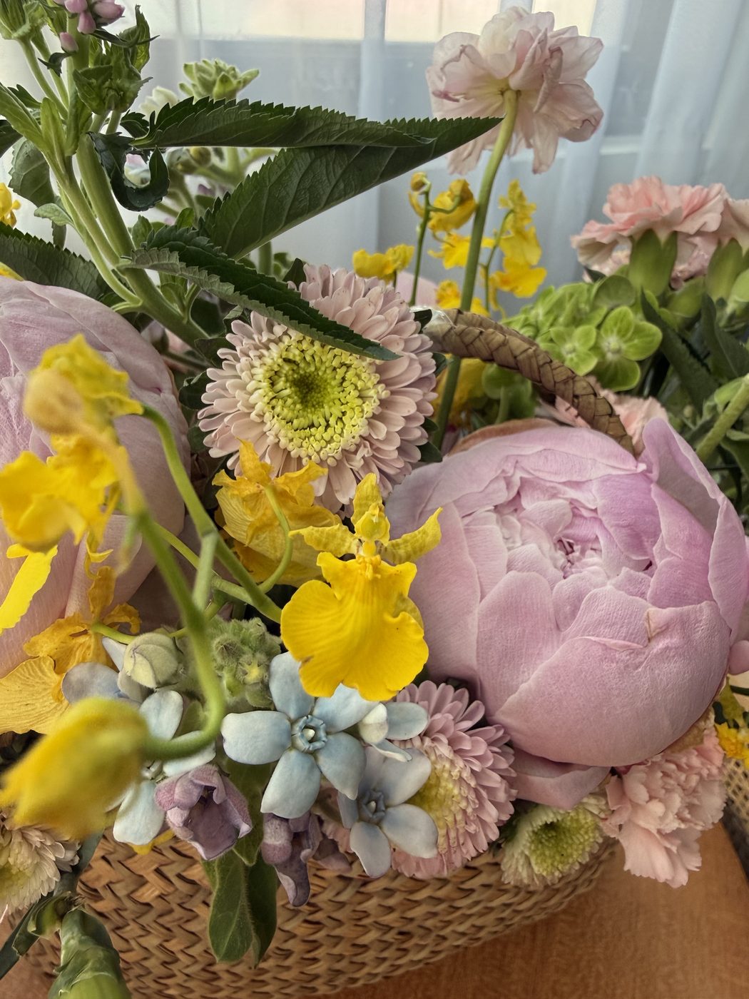 Close-up of pastel peony bouquet detail